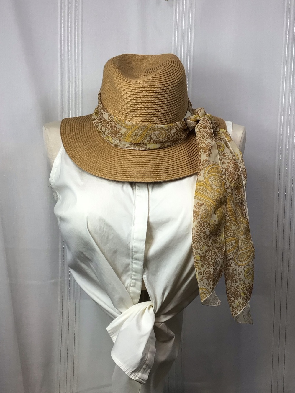 H&M Tan Paper Straw Hat with Paisley Twilly Scarf Sz.L